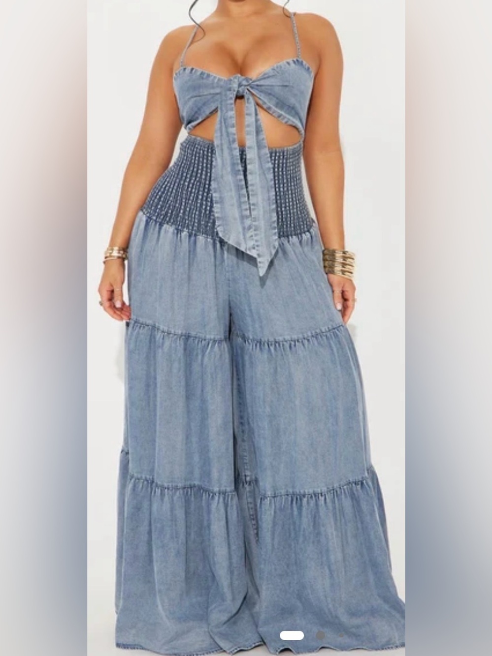 Fashion Nova Light Blue Smocked-Waist Wide Leg Jumpsuit